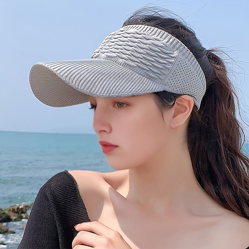 Outdoor Sports Sun Visor Cap; Long Brim Textured Breathable Hollow Out Peaked Cap Topless Sun Ponytail Hat