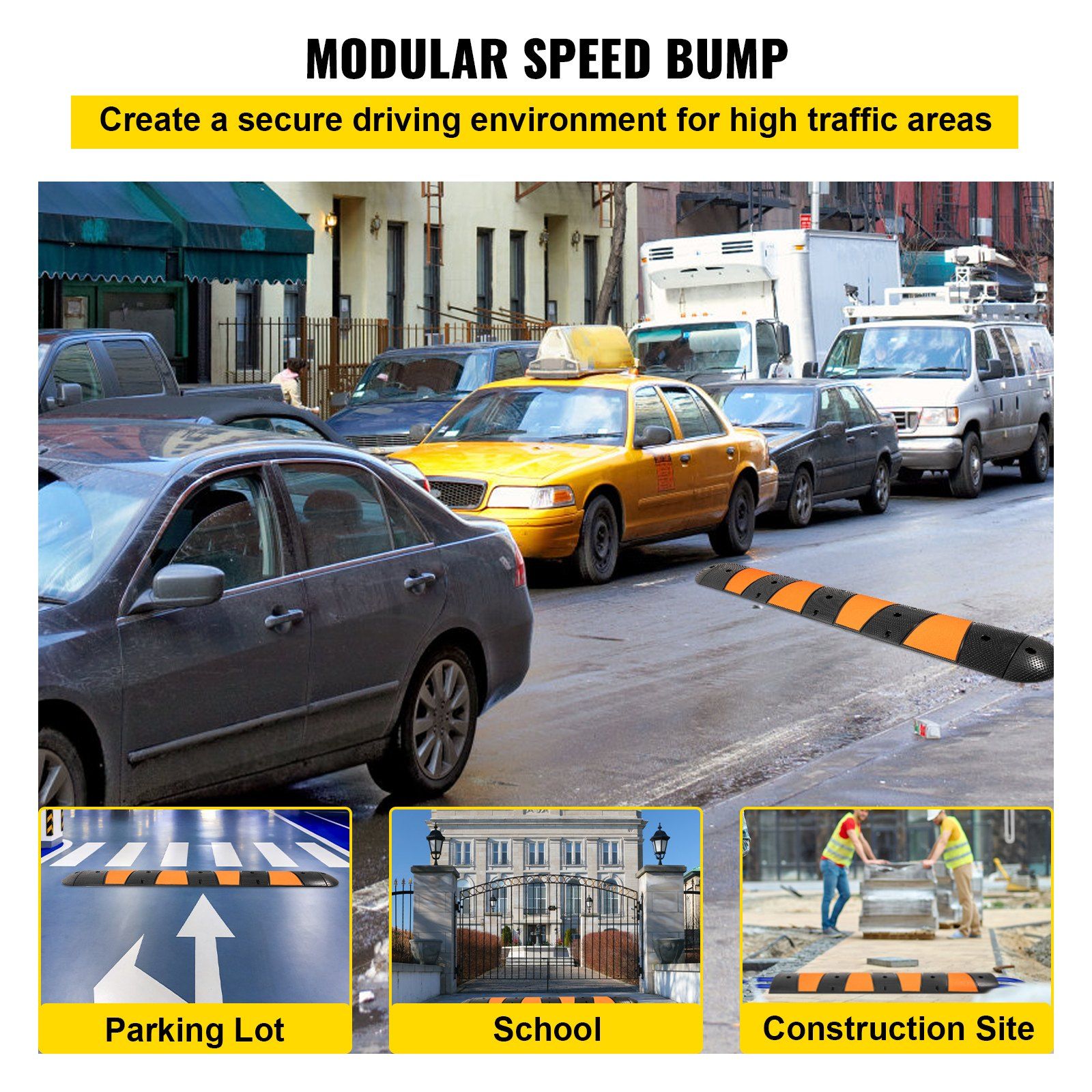 VEVOR Rubber Speed Bump, 1 Pack 2 Channel Speed Bump Hump, 72" Long Modular Speed Bump Rated 22000 LBS Loading, 72.8 x 12.2 x 2.2 Garage Speed Bump for Asphalt Concrete Gravel Driveway with 2 End Cap